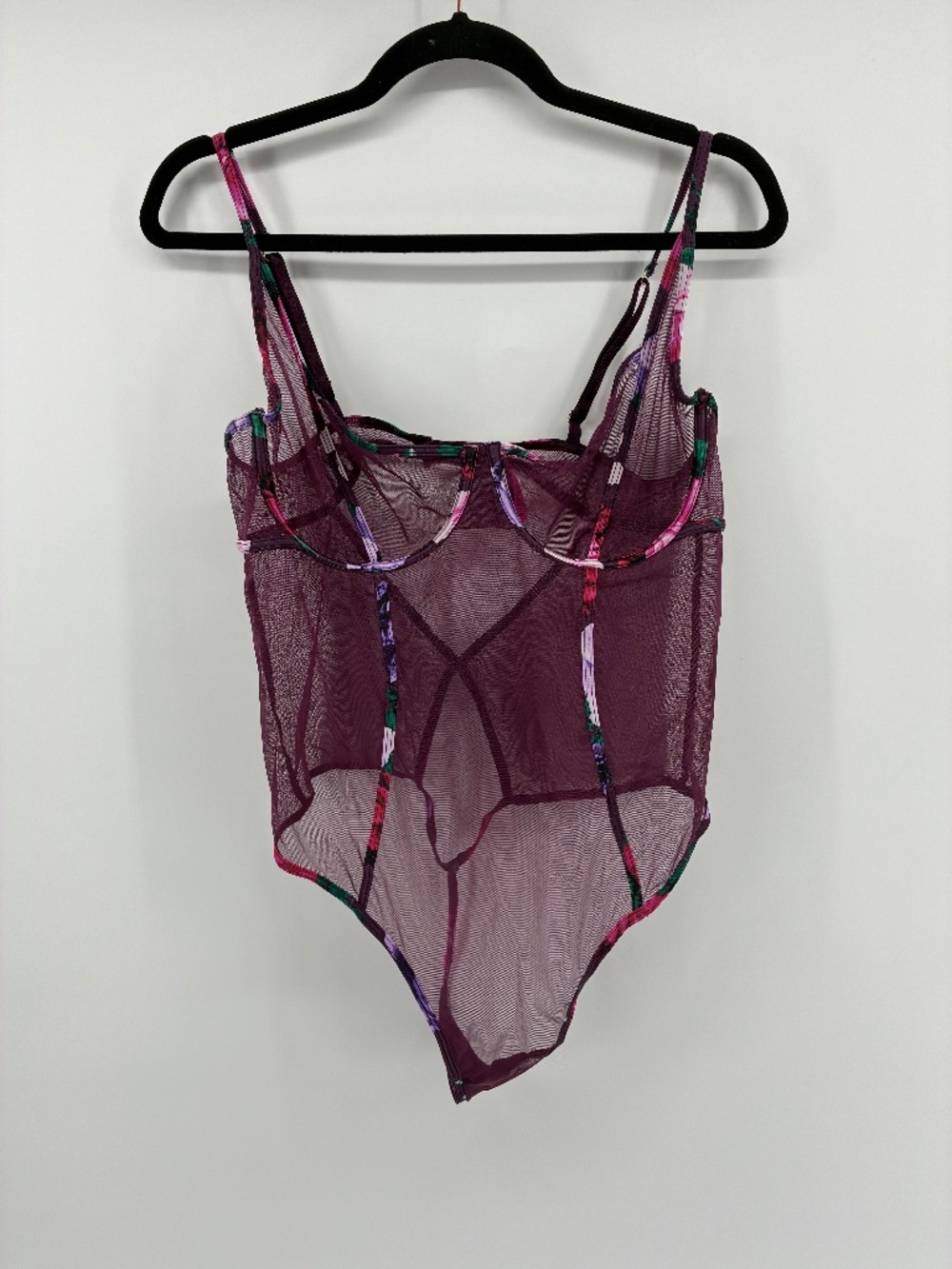 Sheer Burgundy Mesh Bodysuit with Floral Trim - Women Intimates